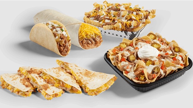 The Carnitas Quesadilla, Loaded Fries, Queso Loaded Fries, Burrito, and Big Fat Taco.