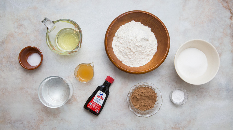 chocolate cake ingredients on table