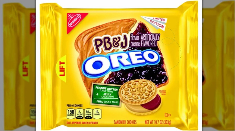 The bright yellow packaging for the limited edition PB&J Oreos