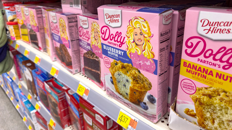 Dolly Parton cake mix boxes on the shelf
