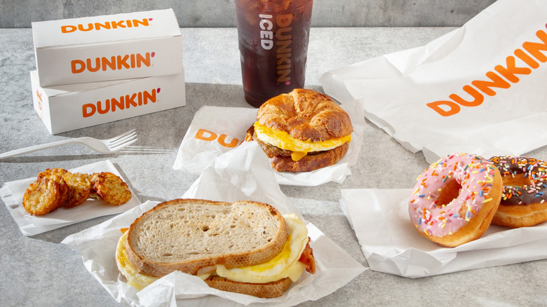 selection of food and a drink from Dunkin' Donuts