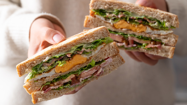 Foodie holding a halved sandwich