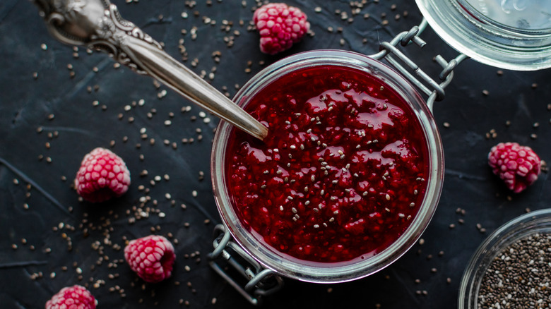 overhead view jar of raspeberry chia jam
