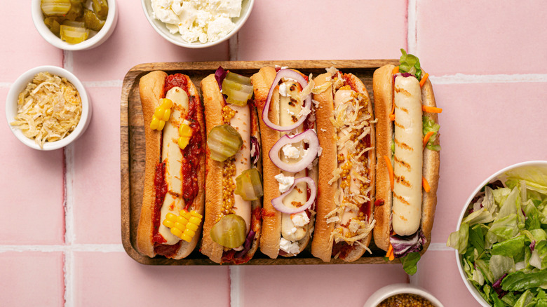 Hot dogs with a variety of toppings