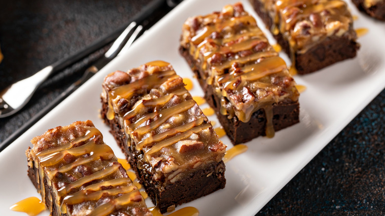 pecan brownies with caramel drizzle