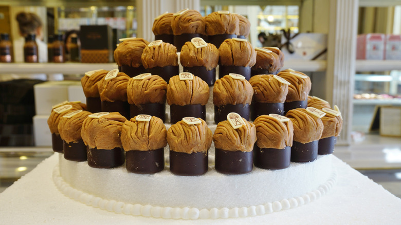 Display of Mont Blanc desserts in the Angelina tearoom