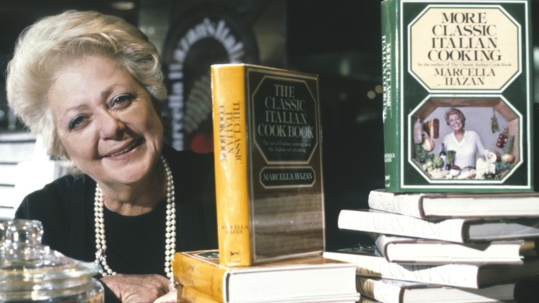 Marcella Hazan with her cookbooks