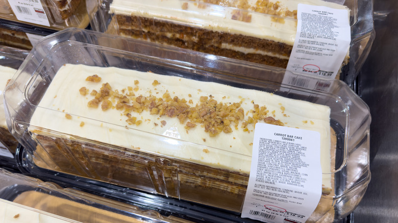 Costco's Kirkland Signature Carrot Bar Cakes on display at a warehouse bakery