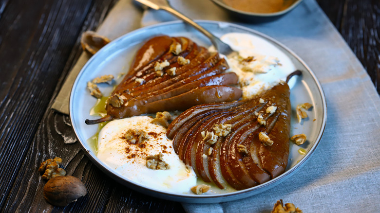 Caramelized pears covered in nut butter