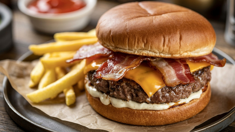 bacon cheeseburger with fries