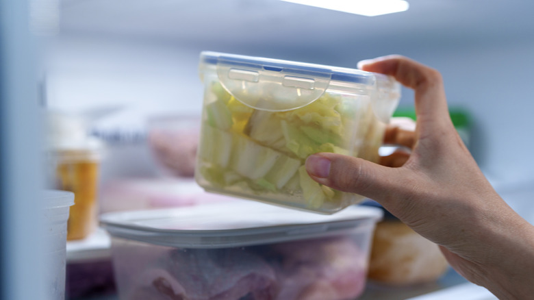 Person putting lettuce in food storage container in the fridge