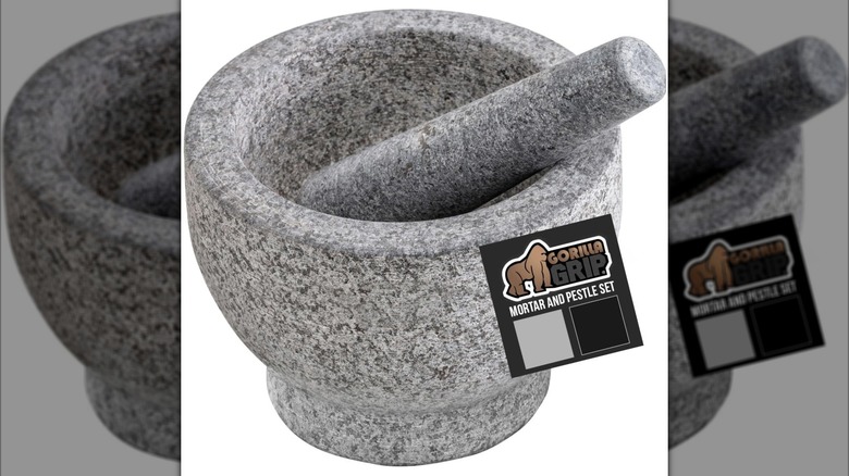 Product image of a gray mortar and pestle with a Gorilla Grip tag