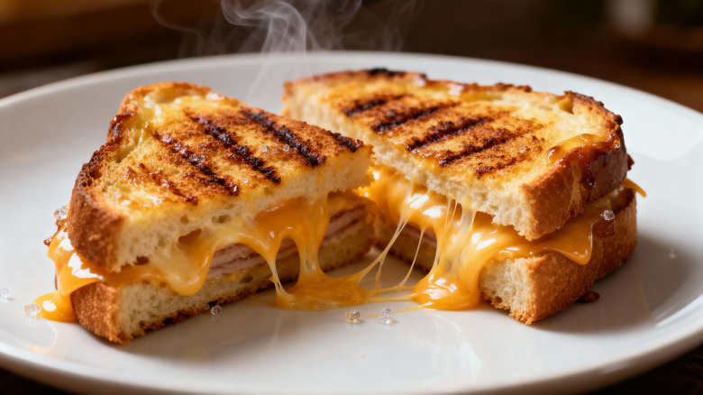 hot grilled cheese sandwich cut in half on a white plate