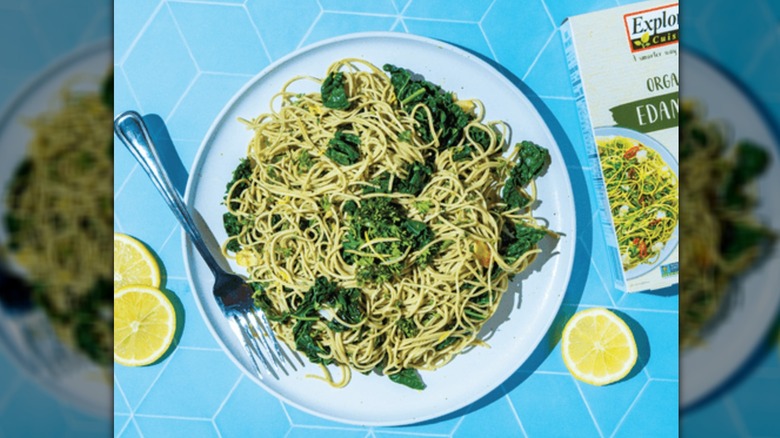 A plate of spaghetti made from Explore Cuisine edamame pasta