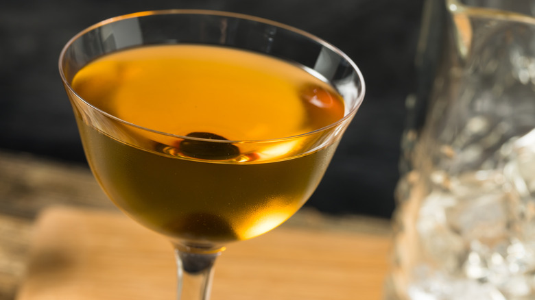 Close-up of diamondback cocktail in stemmed glass