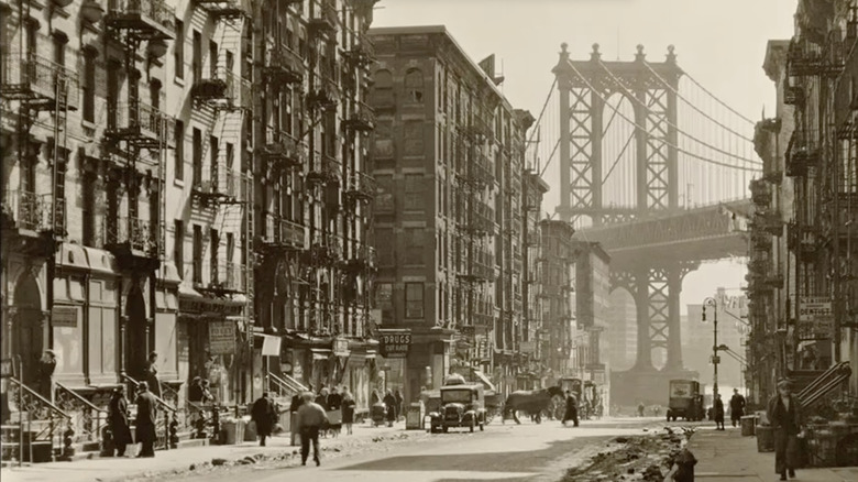 black and white image of old Williamsburg with Williamsburg Bridge in background