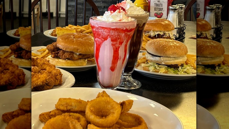 View of menu items, burgers, shakes, fries at Dolly's restaurant