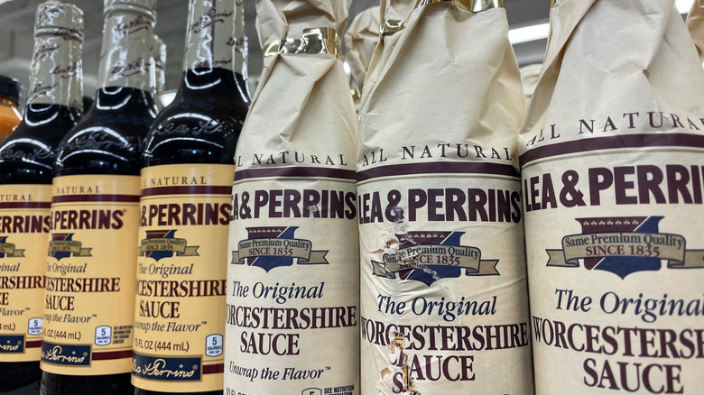 bottles of Lea & Perrins Worcestershire sauce on a store shelf