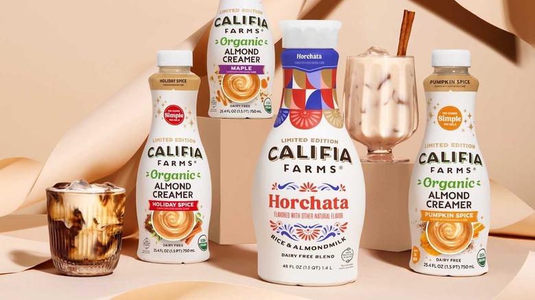 Califia Farms coffee creamer flavors with cups of coffee