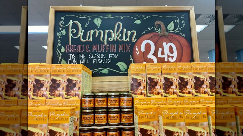 Trader Joe's fall display for pumpkin bread and muffin mix