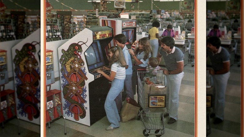 1980s Atari advertisement showing family in grocery store playing arcade game machine