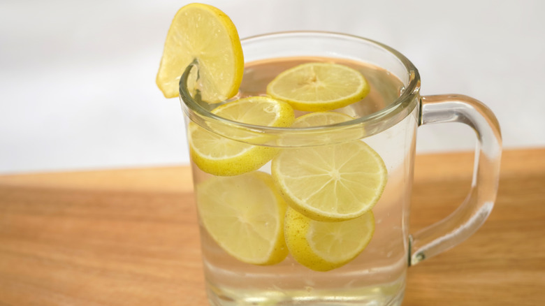 Clear glass mug full of lemon slices with one over the rim