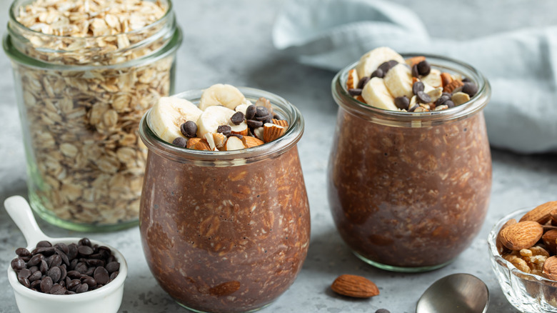 chocolate overnight oats with chocolate chips, banana and almond