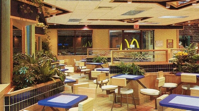 Interior shots from a McDonald's in the 1980s with plants as decor