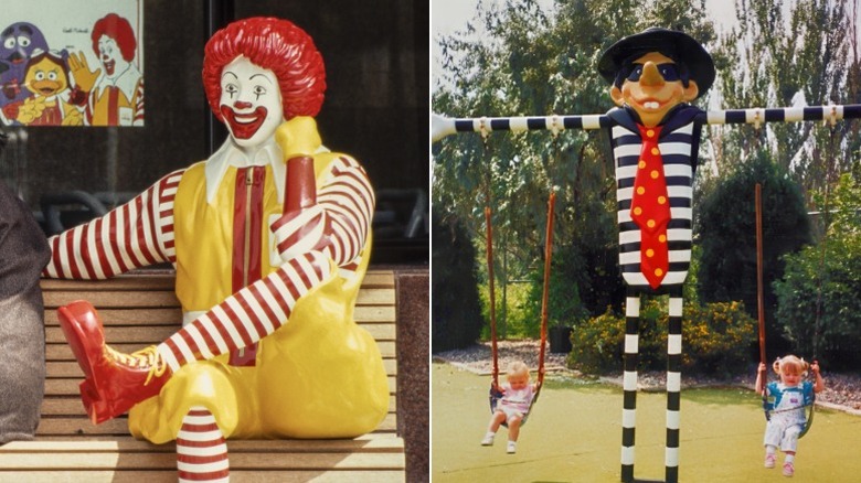 A Ronald McDonald sitting on a bench at McDonald's and a Hamburglar swing in the play area of a McDonald's
