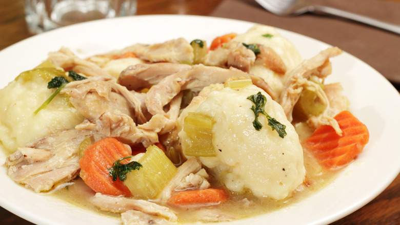 A close-up of chicken and dumplings in a white dish