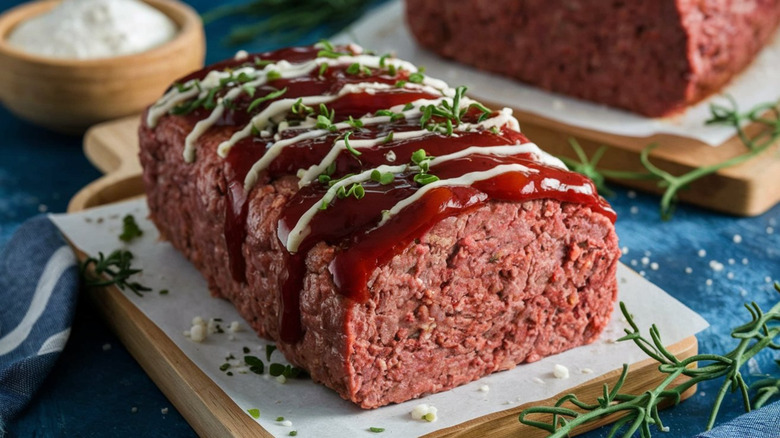Meatloaf served on a cutting board with sauces and fresh herbs