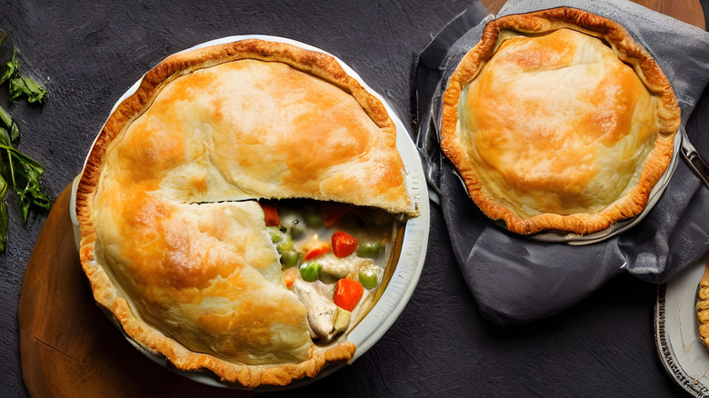 Two pot pies on a grey table, with one missing a slice