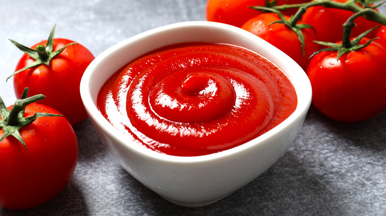 A bowl of tomato ketchup, surrounded by fresh tomatoes.