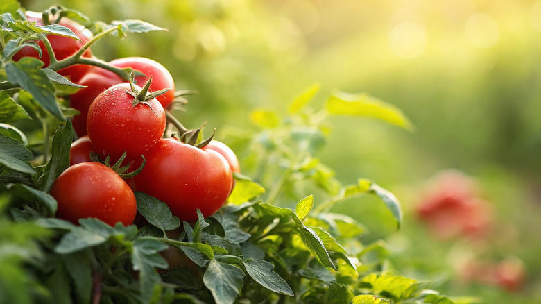 Sunlit tomatoes growing in a field full of plants.