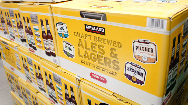 A view of several cases of Kirkland Signature beer variety pack, on display at a local Costco.
