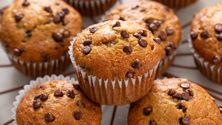 Chocolate chip muffins on a wire rack