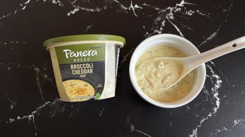 Container of Panera Bread's store-bought broccoli cheddar soup