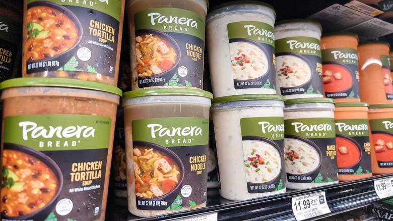 Variety of Panera Bread store-bought soups