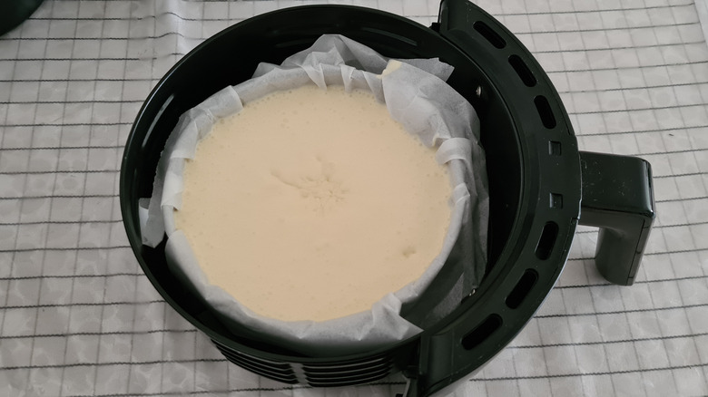 A cheesecake before it's baked in an air fyrer