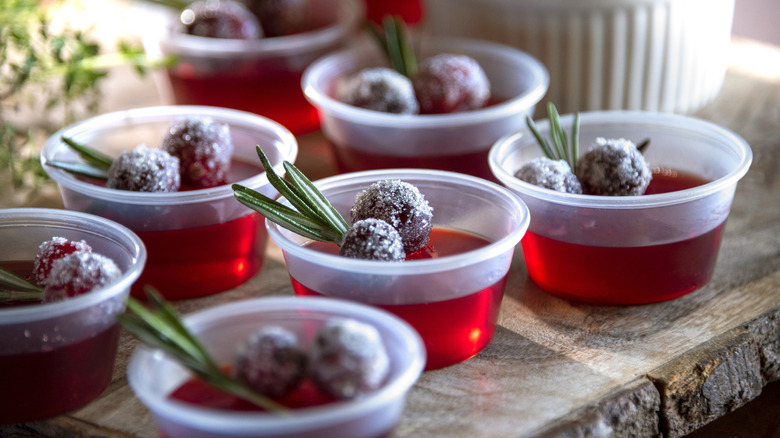 artisanal Jell-O shots topped with sugared cranberries and sprigs of rosemary