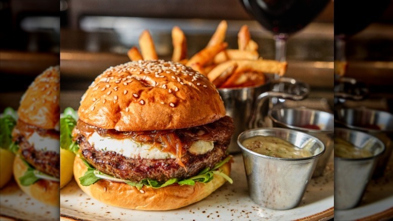 burger and fries at Harvest restaurant