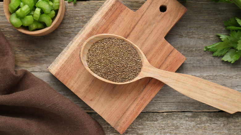 Celery seeds in a wooden spoon