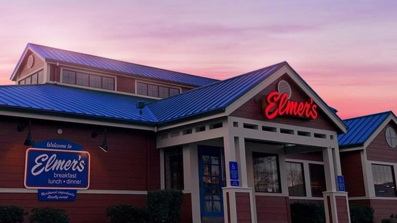 Exterior of an Elmer's restaurant at sunset
