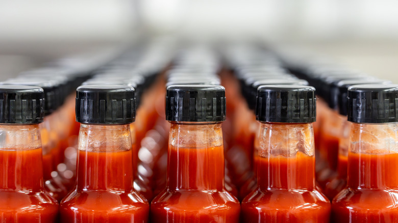 Close up of hot sauce bottles in a row