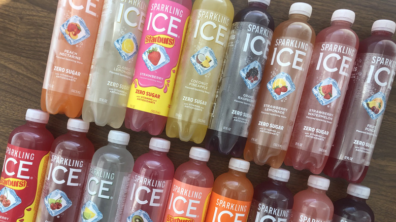 Sparkling Ice bottles of different flavors sorted in two rows