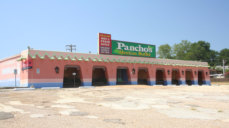 Exterior of an abandoned Pancho's Mexican Buffet restaurant in Texas
