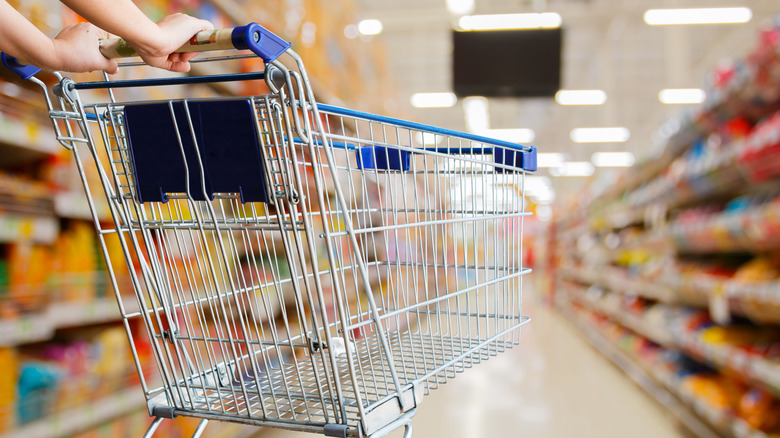 Closeup of person pushing grocery cart through store aisle