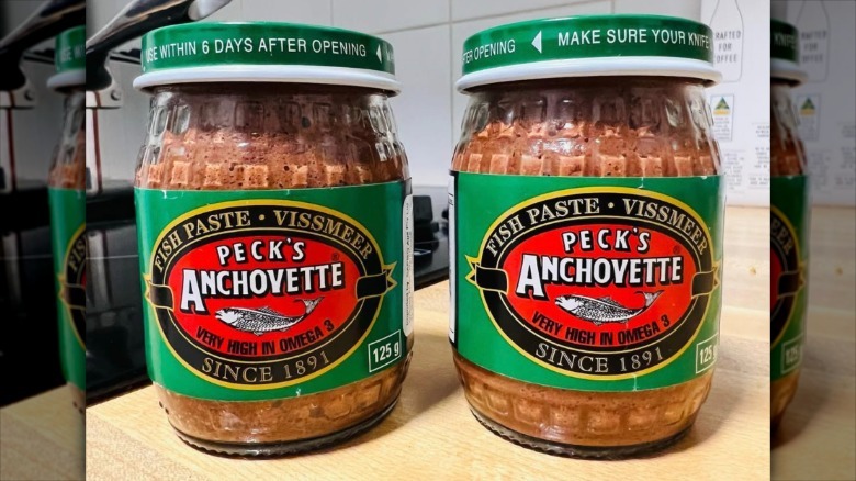 Two jars of Peck's Anchovette on kitchen counter