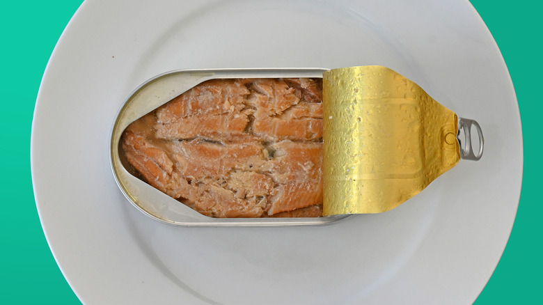 Open tin of smoked kippers on a white plate against a green background