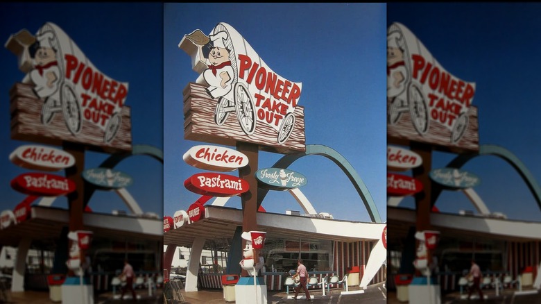 The exterior of an old Pioneer Take Out in LA, a big sign outside of the restuarant